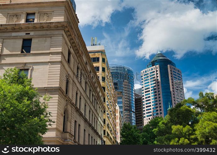 Skyward view of Downtown Sydney buildings, Australia.