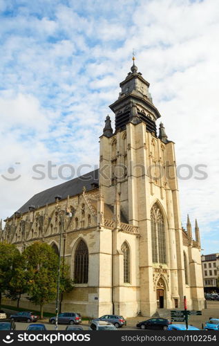 Skyward view of Notre-Dame de la Chapelle church, Brussels, Belgium