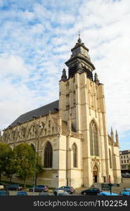 Skyward view of Notre-Dame de la Chapelle church, Brussels, Belgium