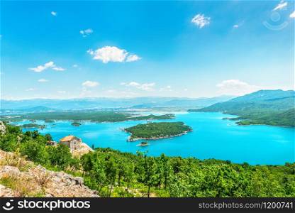 Slano lake in Montenegro at sunny summer day, view from above. Slano lake in Montenegro