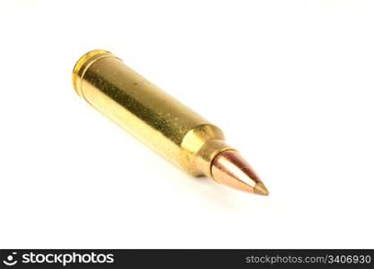 slanted front view 300 winchester magnum caliber cartridge on white background
