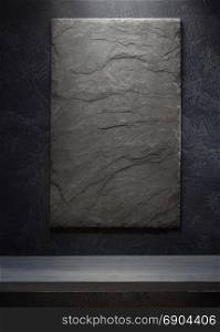 slate stone and shelf on black background wall