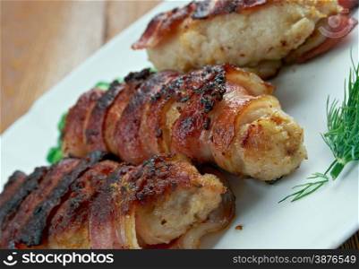 Slavink - Dutch meat dish.consisting of ground meat called half beef, half pork wrapped in bacon