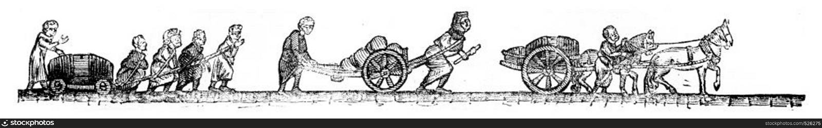 Sled, Handcart, Dray wine, vintage engraved illustration. Magasin Pittoresque 1846.