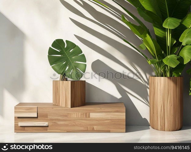 Sleek and Modern Wooden Podium Table with Brown Geometric Shapes, Green Banana Tree, and Leaf Shadows. Generative AI.