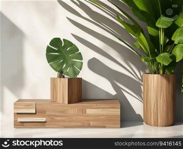 Sleek and Modern Wooden Podium Table with Brown Geometric Shapes, Green Banana Tree, and Leaf Shadows. Generative AI.