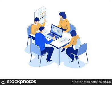 Sleek Isometric Corporate Team Culture Looking at laptop