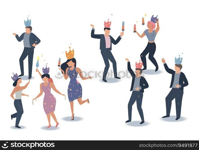 Sleek Isometric Positive Men and Women with Ch&agne and Sparklers Dancing