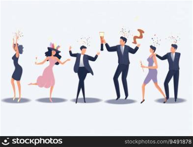 Sleek Isometric Positive Men and Women with Champagne and Sparklers Dancing