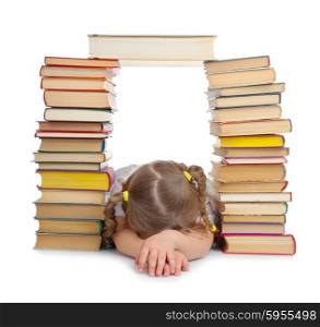 Sleeping little girl with books isolated