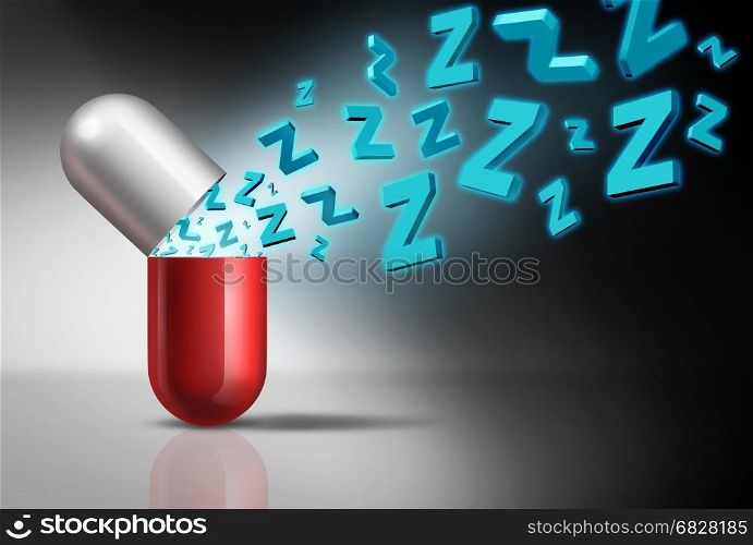 Sleeping pill symbol and insomnia medicine concept as a pharmaceutical sleep prescription medication with the letter z emerging as a sleeping aid metaphor as a 3D illustration.