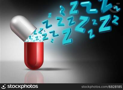 Sleeping pill symbol and insomnia medicine concept as a pharmaceutical sleep prescription medication with the letter z emerging as a sleeping aid metaphor as a 3D illustration.