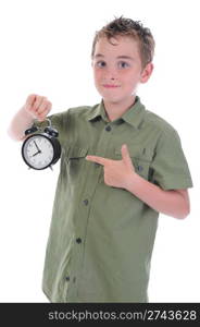 Sleepy boy with alarm-clock isolated on white background