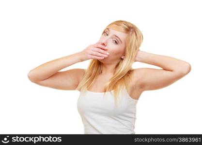 Sleepy tired young woman teen girl yawning isolated on white background