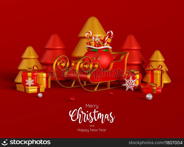 Sleigh and Christmas gifts with Xmas tree on a red background, 3d illustration