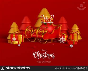 Sleigh and Christmas gifts with Xmas tree on a red background, 3d illustration