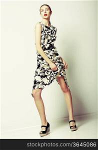 Slender Elegant Female in Contemporary Stylish Dress. Summertime Design. Series of photos