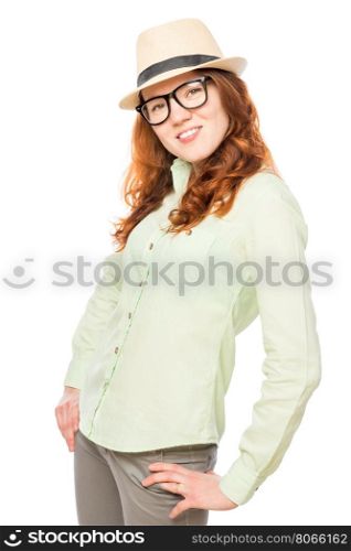 slender girl posing in a hat on a white background