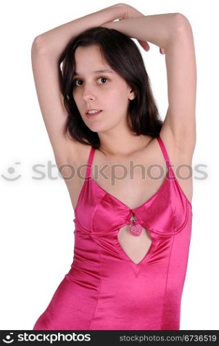 Slender young brunette dressed in pink