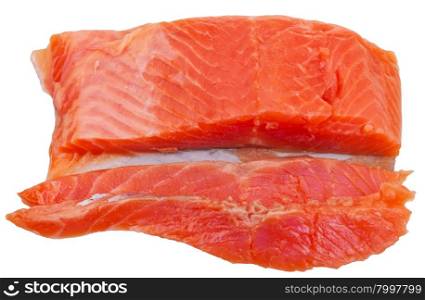 slice and piece of slightly salted trout red fish fillet piece isolated on white background