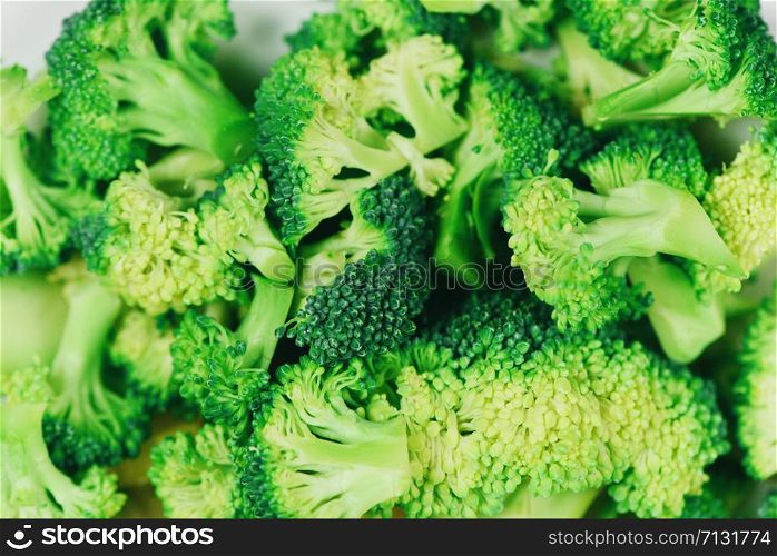 Slice Broccoli Background , top view / Vegetable healthy green organic raw broccoli florets ready for cooking food