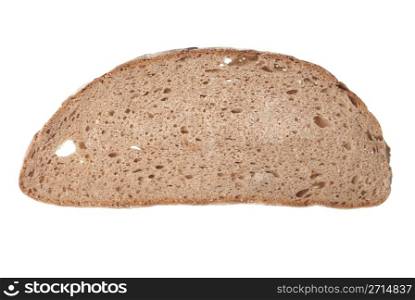Slice of black rye bread isolated on white background.