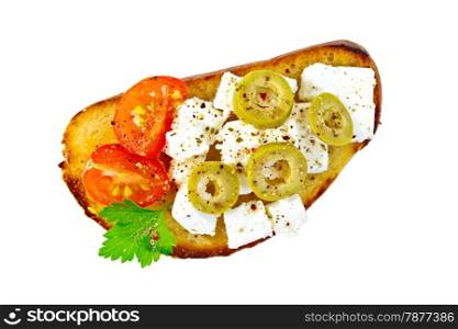 Slice of bread with cheese, tomato and olives isolated on white background top