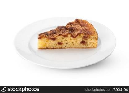 Slice of cake on plate isolated on white background