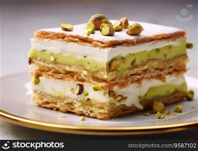 Slice of cake with vanilla cream and pistachio topping on plate.AI Generative
