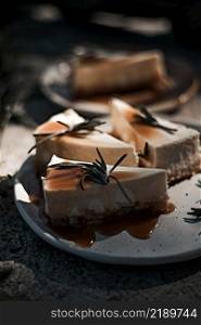 Slice of cheesecake with caramel sauce on plate. . Slice of cheesecake with caramel sauce