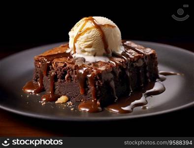 Slice of chocolate brownie cake with vanilla ice cream scoop in plate on black.AI Generative