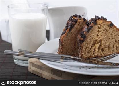 slice of chocolate cake and glass of milk