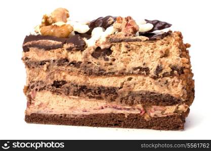 Slice of chocolate cream cake isolated on white