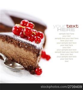 slice of delicious chocolate cake over white (easy removable sample text)