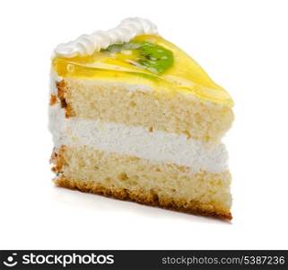 Slice of delicious fruit kiwi cake isolated on white