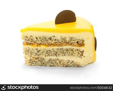 Slice of delicious mango cake with poppy isolated on white