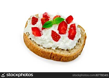 Slice of french bread with curd cream, strawberry and mint isolated on white background