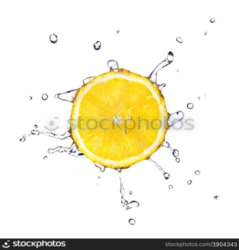 Slice of lemon with water drops isolated on white