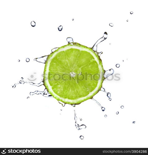 Slice of lime with water drops isolated on white