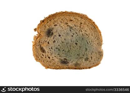 slice of moldy bread isolated on white background