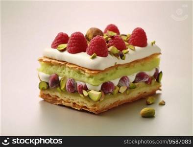 Slice of pistachio cream and raspberry topping cake.AI Generative