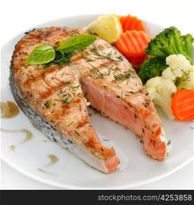 Slice Of Salmon And Vegetables ,Close Up