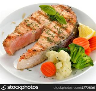 Slice Of Salmon And Vegetables ,Close Up