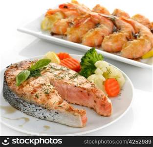 Slice Of Salmon With Vegetables And Shrimps