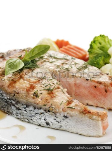 Slice Of Salmon With Vegetables ,Close Up