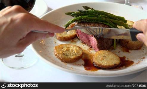 Slice of steak being eaten at dinner