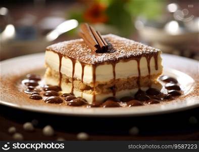 Slice of tiramisu cake with cocoa and mascarpone on cafe table.AI Generative