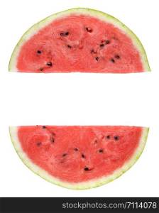 Slice of watermelon isolated on white background. Two Half pieces of watermelon with copy space.. Slice of watermelon isolated on white background. Half piece of watermelon