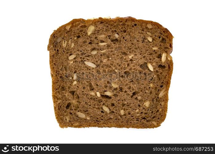 Slice of wholemeal dark bread isolated on a white background in close-up (high details)