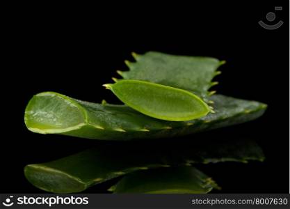 Sliced aloe leaf and water drops isolated on black background.